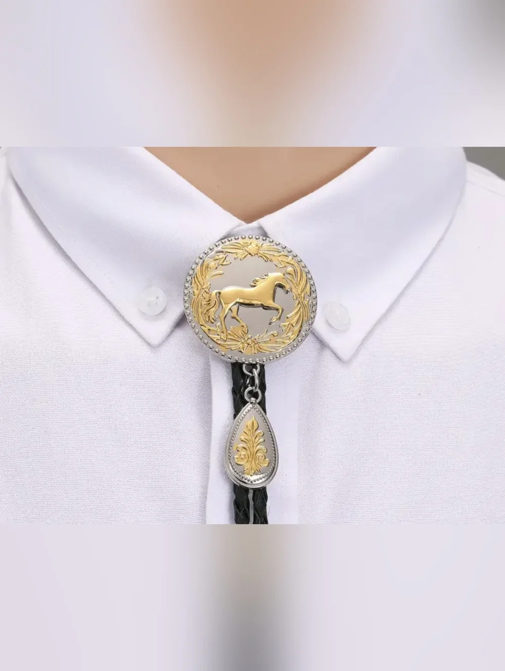 Western Horse Bolo Tie Black Braided Cord Gold Silver Tone Cowboy, TM2B5C